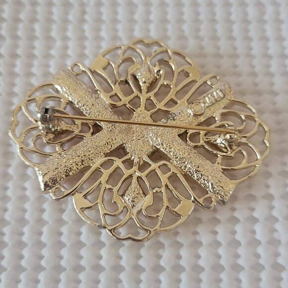 Sarah Coventry Signed Gold Tone Filgree Orange Cabochon Bead Oval Pin Brooch - Picture 3 of 5